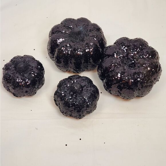 Set of 4 Black Glitter Pumpkins 2” & 4” Halloween Decor - Picture 2 of 5